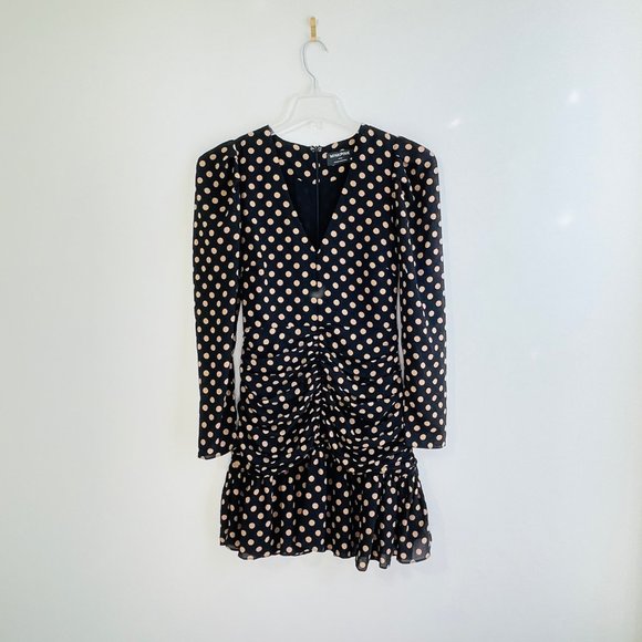 Mink Pink Mini Dress Small Ayat Ruched Polka Dot Ruched Ruffle Hem Long Sleeve - Picture 3 of 15